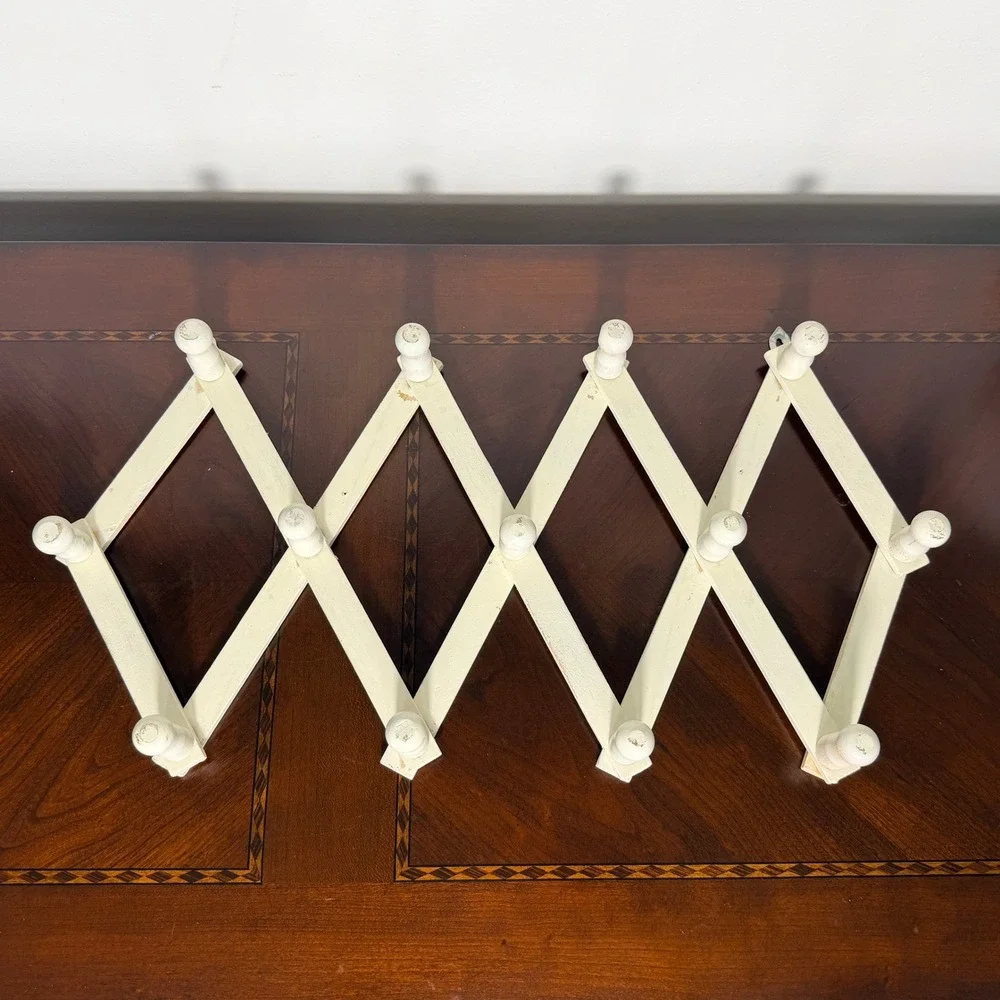 Vintage Accordion 10 Peg Rack Expandable White Wood Wall Mount Rustic Farmhouse